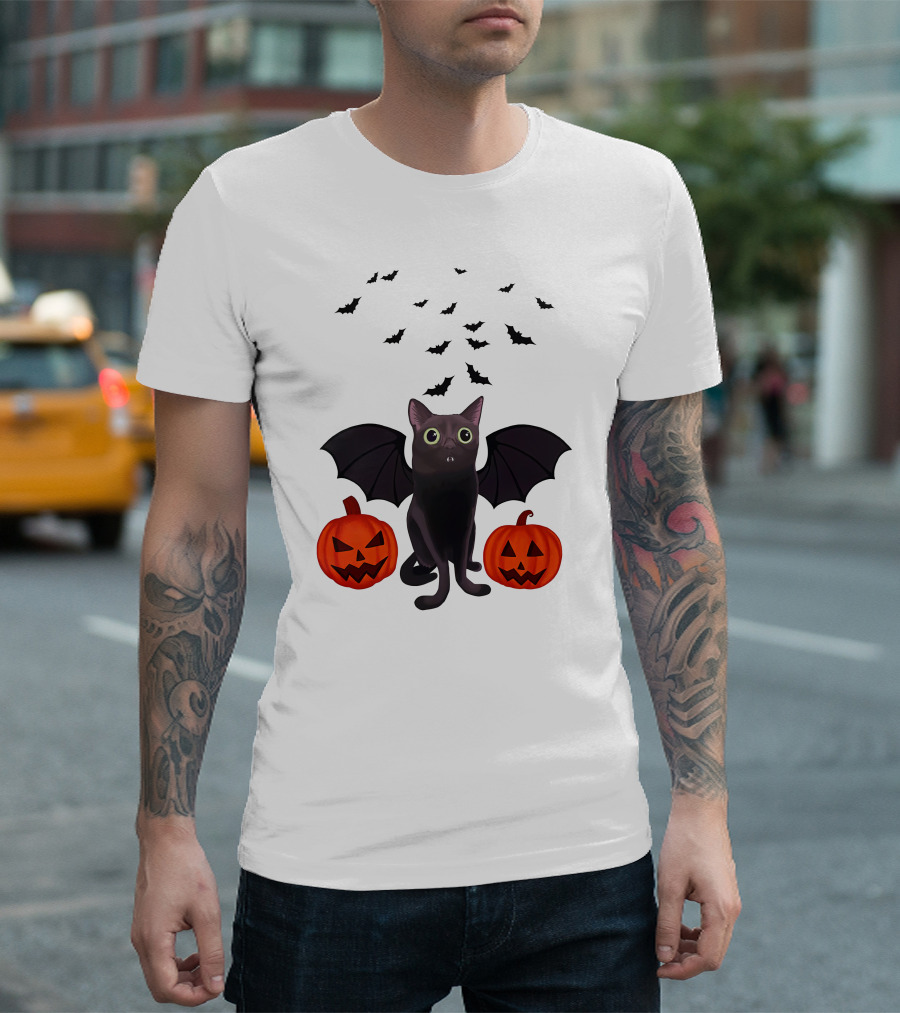 Bigfootjinx Merch Halloween Bat Jinx Black Cat With Pumpkin Jack-o'-Lanterns And Flying Bats T-Shirt