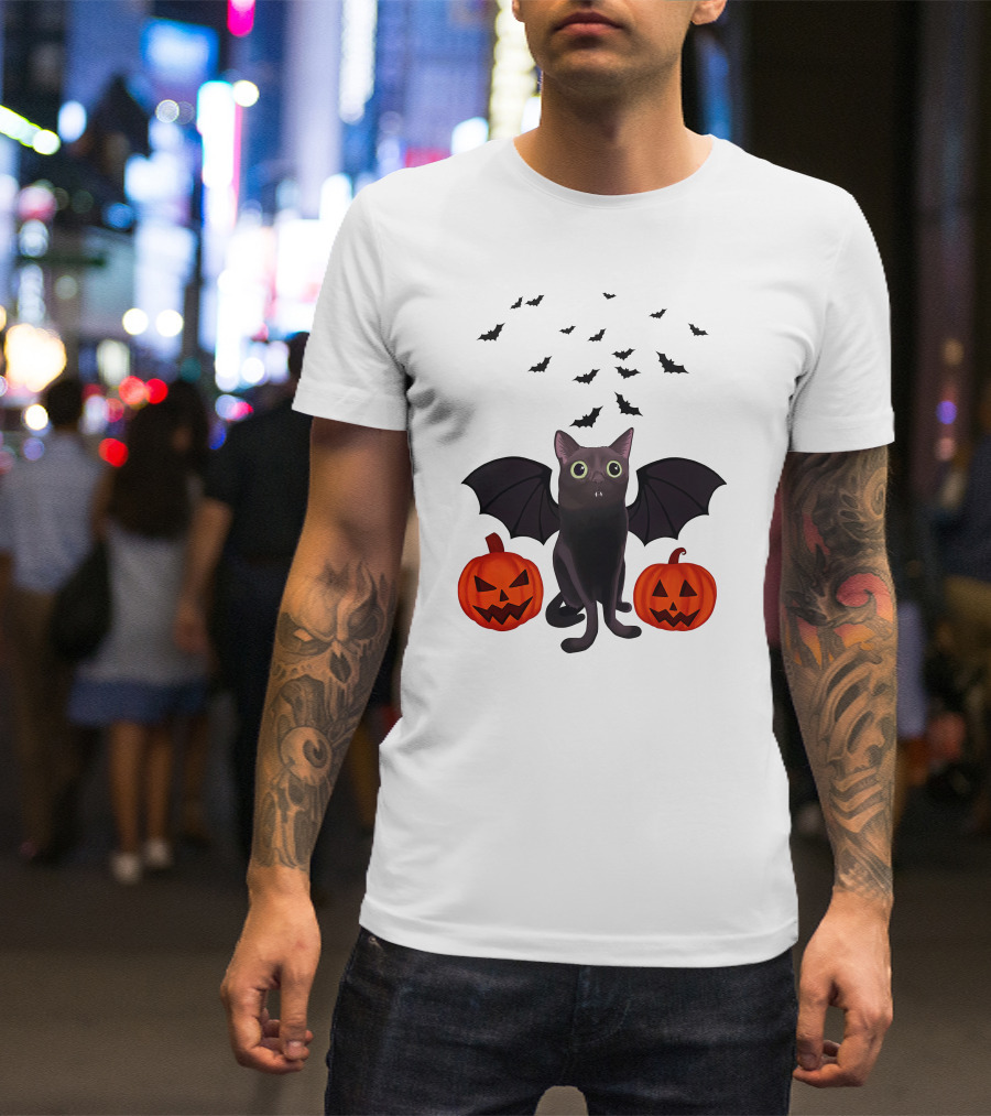 Bigfootjinx Merch Halloween Bat Jinx Black Cat With Pumpkin Jack-o'-Lanterns And Flying Bats T-Shirt