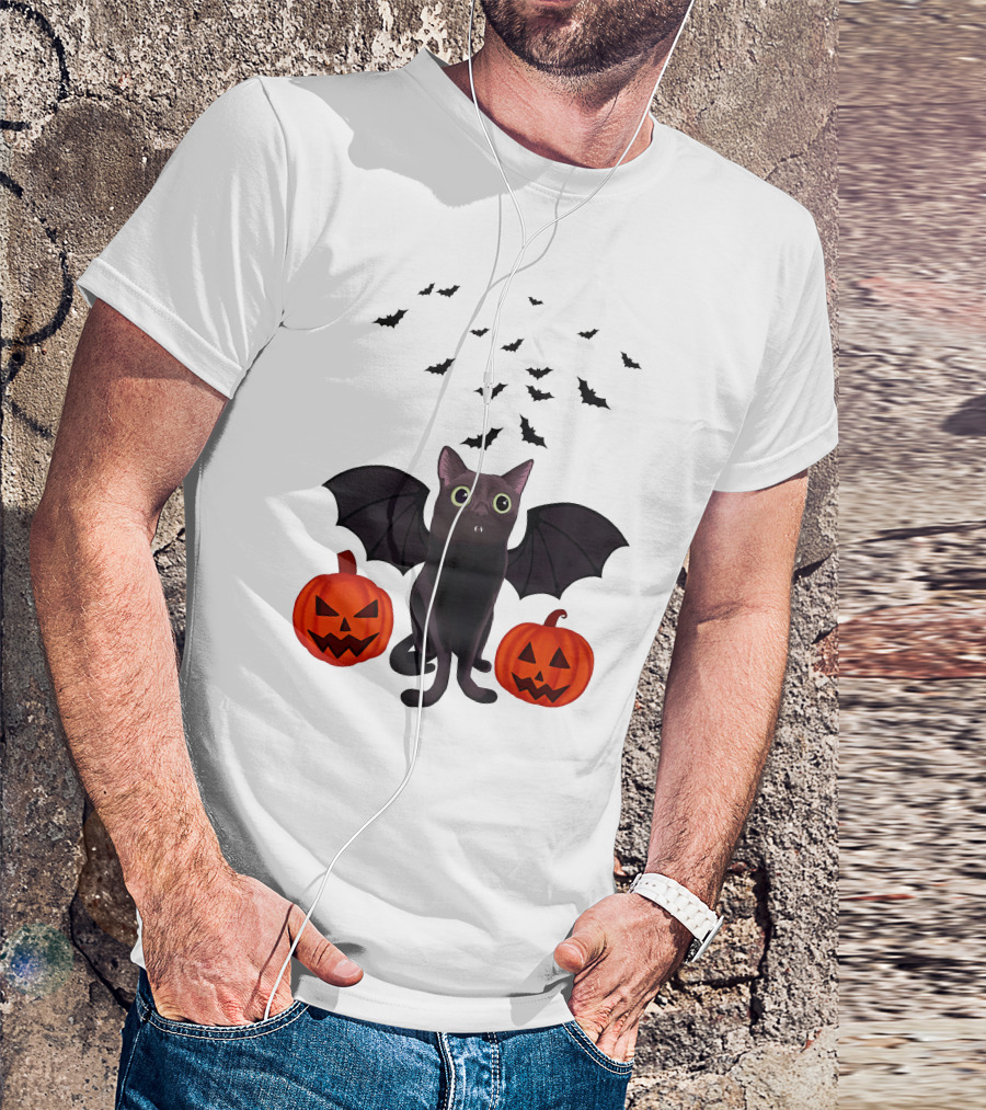 Bigfootjinx Merch Halloween Bat Jinx Black Cat With Pumpkin Jack-o'-Lanterns And Flying Bats T-Shirt
