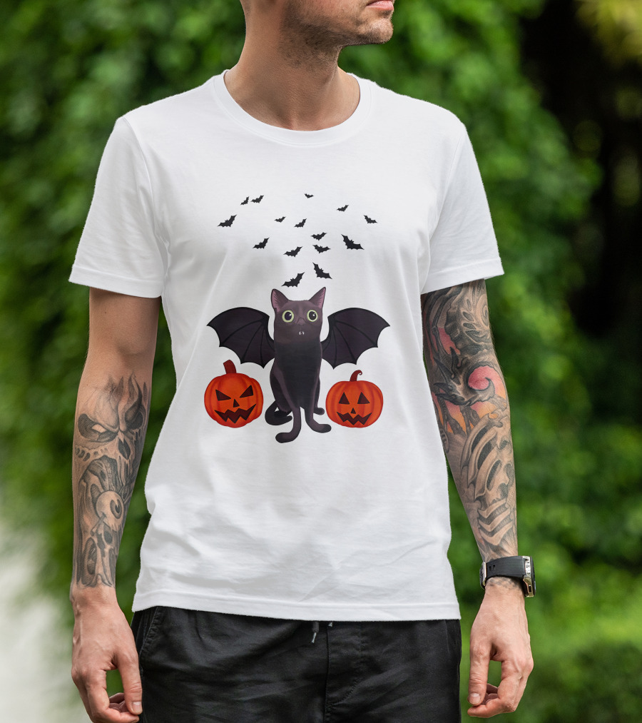 Bigfootjinx Merch Halloween Bat Jinx Black Cat With Pumpkin Jack-o'-Lanterns And Flying Bats T-Shirt