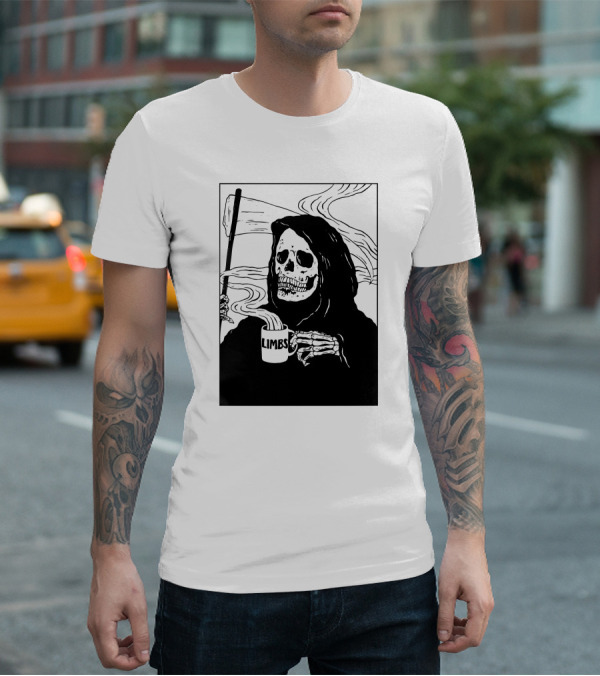 Chelsea Grin Down Right Merch Limbs Coffee Reaper Skeleton Holding Scythe And Mug T-Shirt