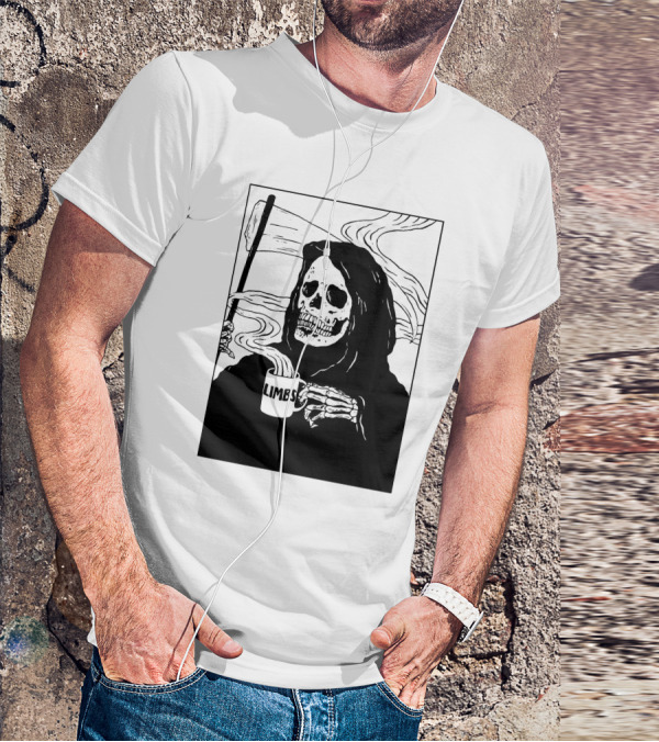 Chelsea Grin Down Right Merch Limbs Coffee Reaper Skeleton Holding Scythe And Mug T-Shirt