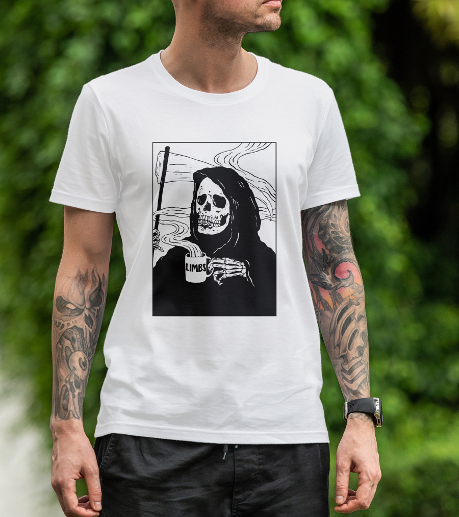 Chelsea Grin Down Right Merch Limbs Coffee Reaper Skeleton Holding Scythe And Mug T-Shirt