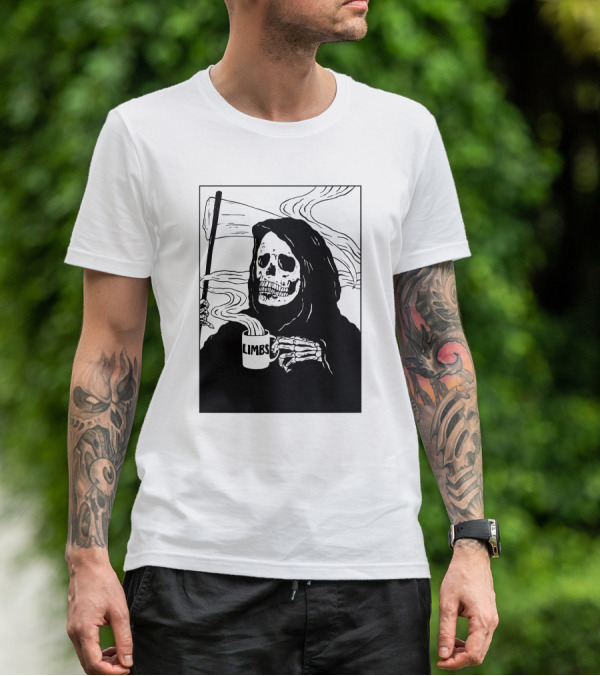Chelsea Grin Down Right Merch Limbs Coffee Reaper Skeleton Holding Scythe And Mug T-Shirt