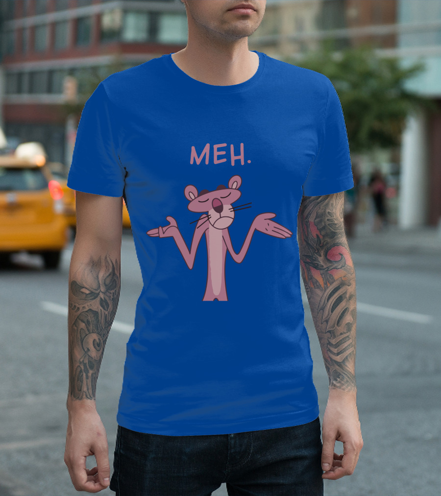 Qwertee Pink Panther Meh Apathy Blue Background T-Shirt