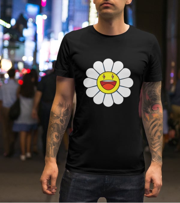J Balvin Merch Blanco Large Flower Smiley Face With Lightning Eyes T-Shirt