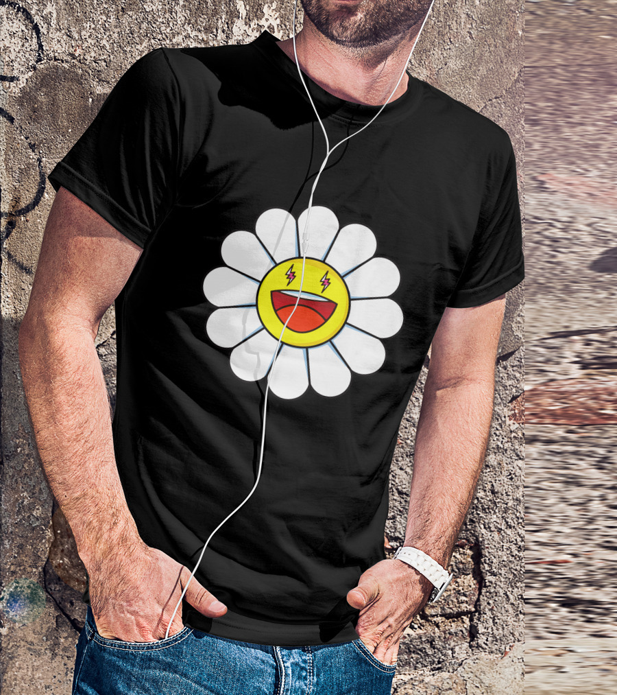 J Balvin Merch Blanco Large Flower Smiley Face With Lightning Eyes T-Shirt