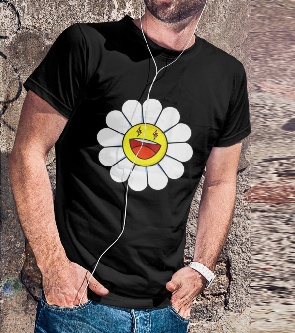 J Balvin Merch Blanco Large Flower Smiley Face With Lightning Eyes T-Shirt