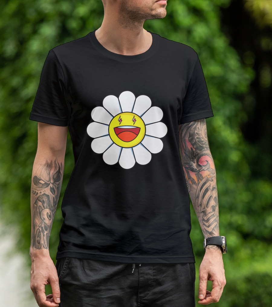 J Balvin Merch Blanco Large Flower Smiley Face With Lightning Eyes T-Shirt