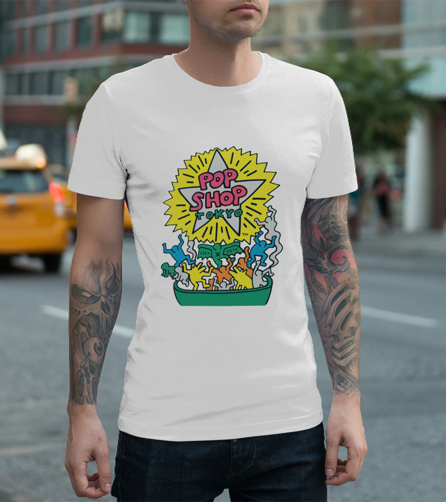 Orange Keith Haring Pop Shop Tokyo Starburst Colorful Figures T-Shirt