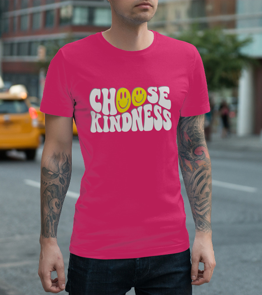 Miss Natali S Choose Kindness Smiley Face Groovy Font Pink Background T-Shirt
