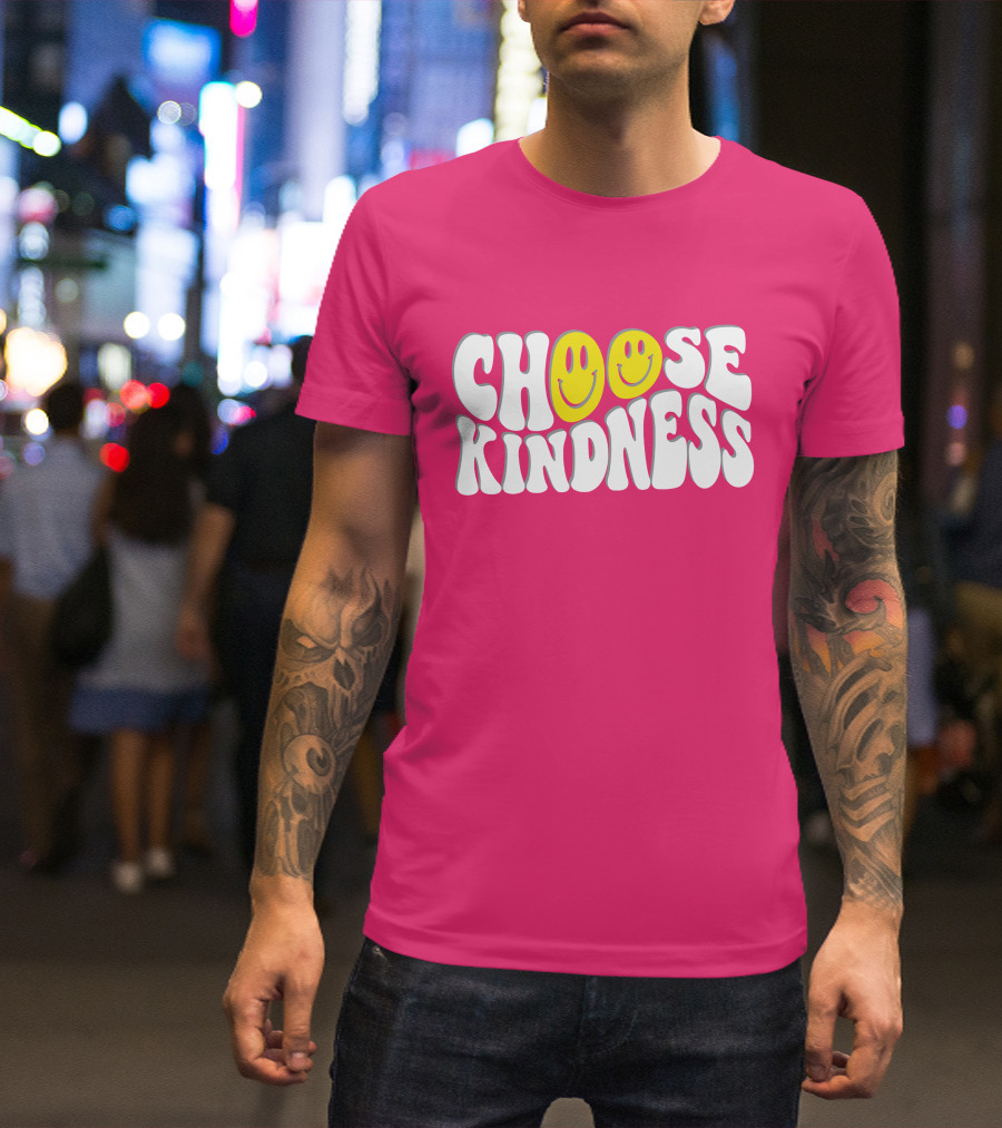 Miss Natali S Choose Kindness Smiley Face Groovy Font Pink Background T-Shirt