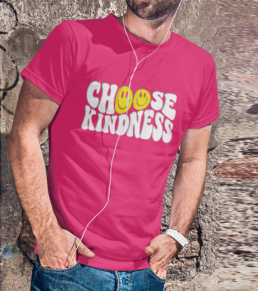 Miss Natali S Choose Kindness Smiley Face Groovy Font Pink Background T-Shirt