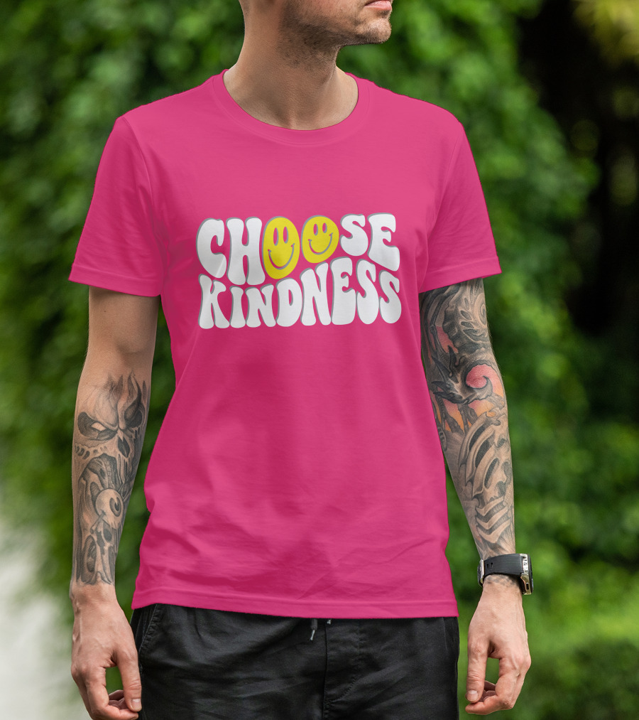 Miss Natali S Choose Kindness Smiley Face Groovy Font Pink Background T-Shirt