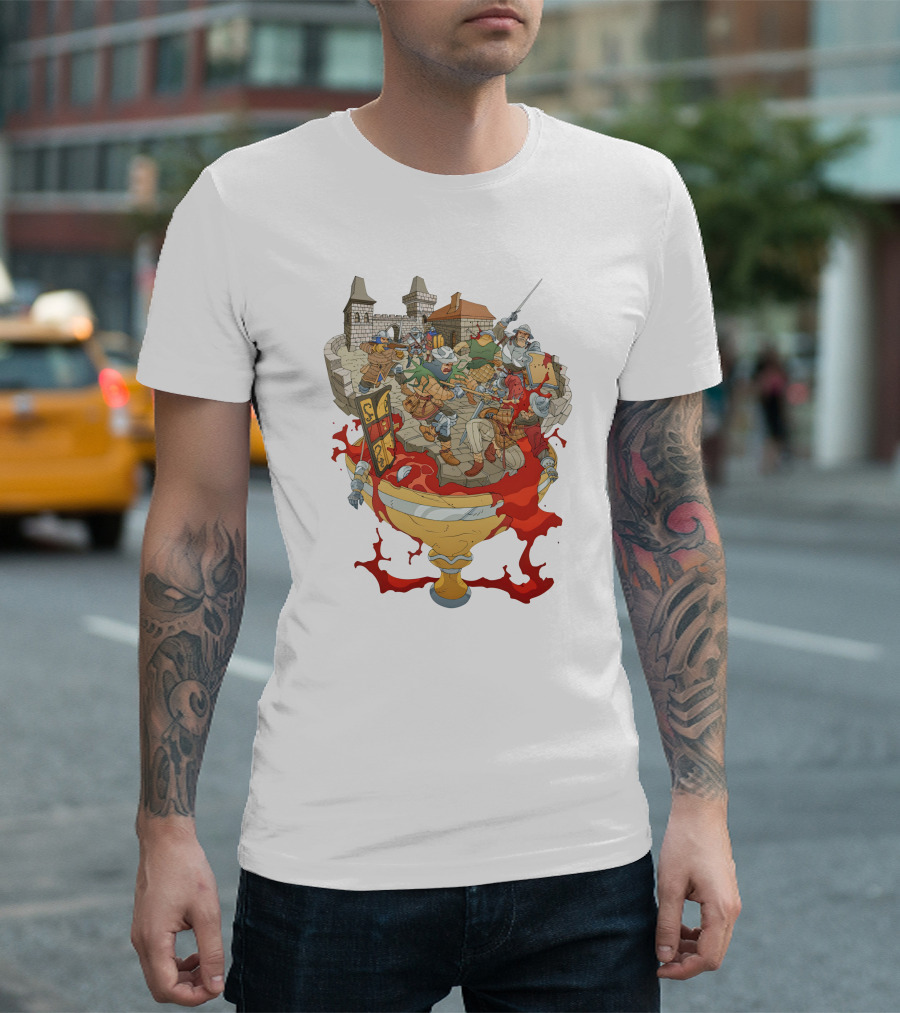 Graman Hussite Medieval Battle in Front of Castle with Sword and Shield Warriors T-Shirt