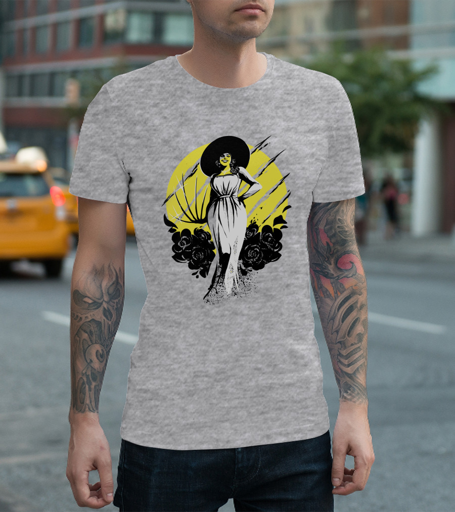 Fangamer Shop Resident Evil Lady Dimitrescu Iconic Yellow Backdrop Roses Claws T-Shirt