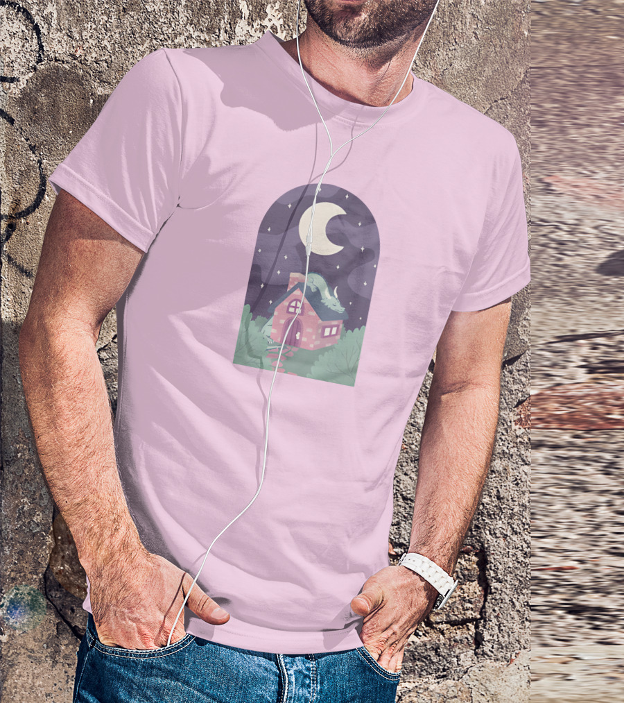 Sleepy Draginn Under Night Sky Crescent Moon Pastel Cottage T-Shirt