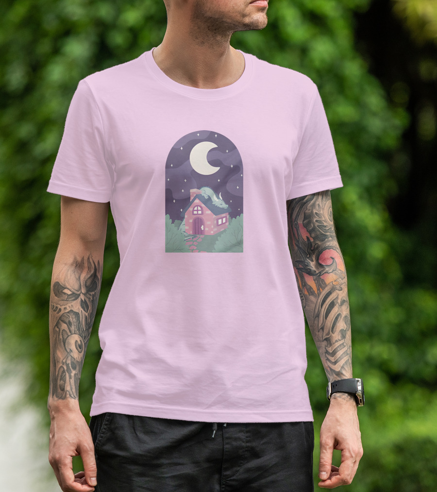 Sleepy Draginn Under Night Sky Crescent Moon Pastel Cottage T-Shirt