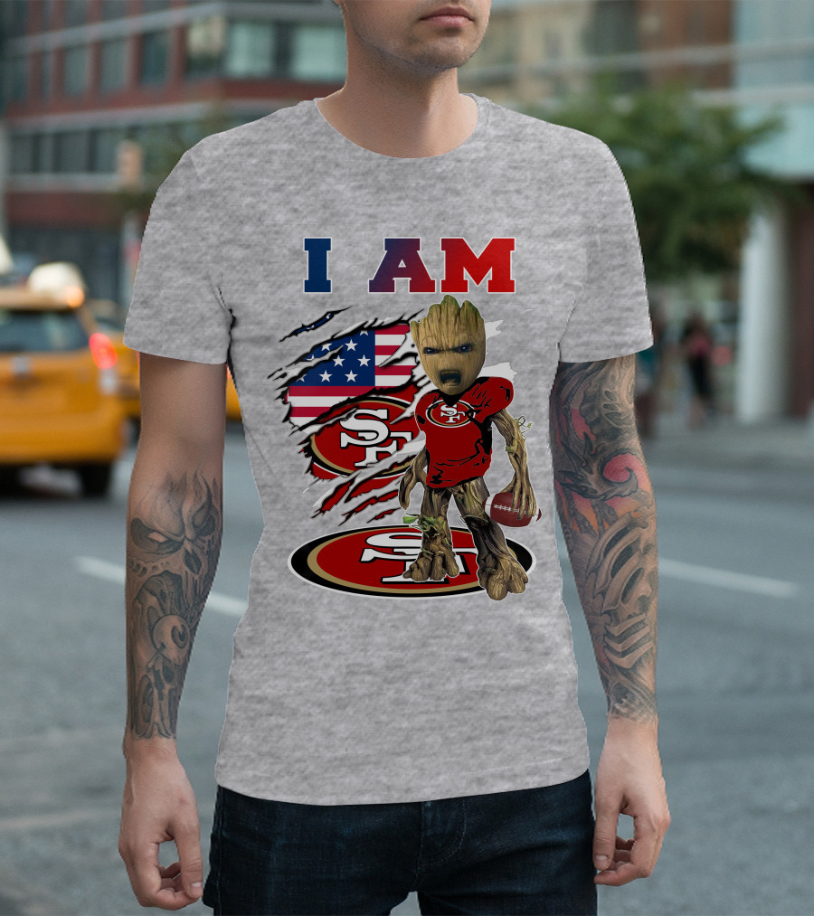 I Am 49ers Baby Groot Football Usa Flag Swoosh T-Shirt