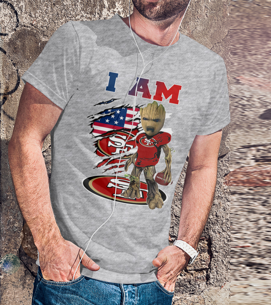 I Am 49ers Baby Groot Football Usa Flag Swoosh T-Shirt