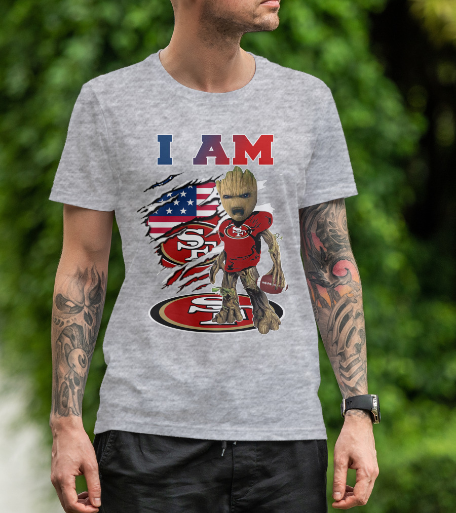 I Am 49ers Baby Groot Football Usa Flag Swoosh T-Shirt