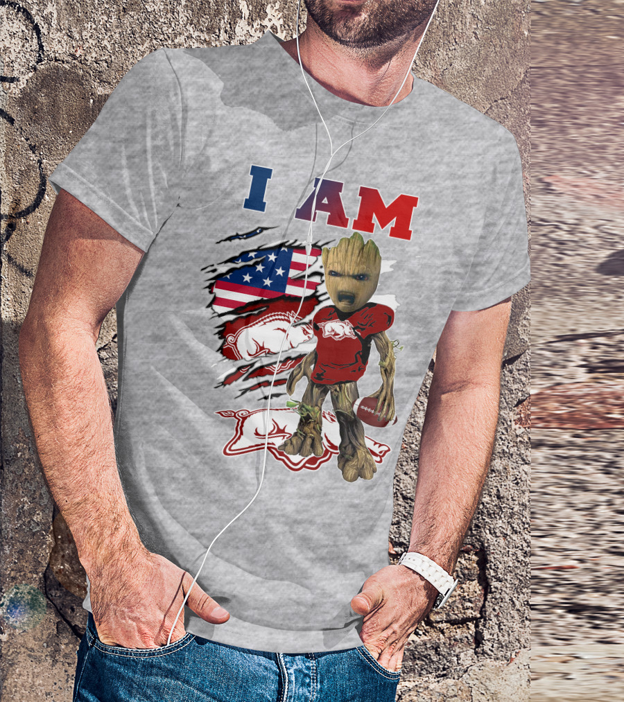 I Am Baby Groot Arkansas Razorbacks Football Usa Flag T-Shirt