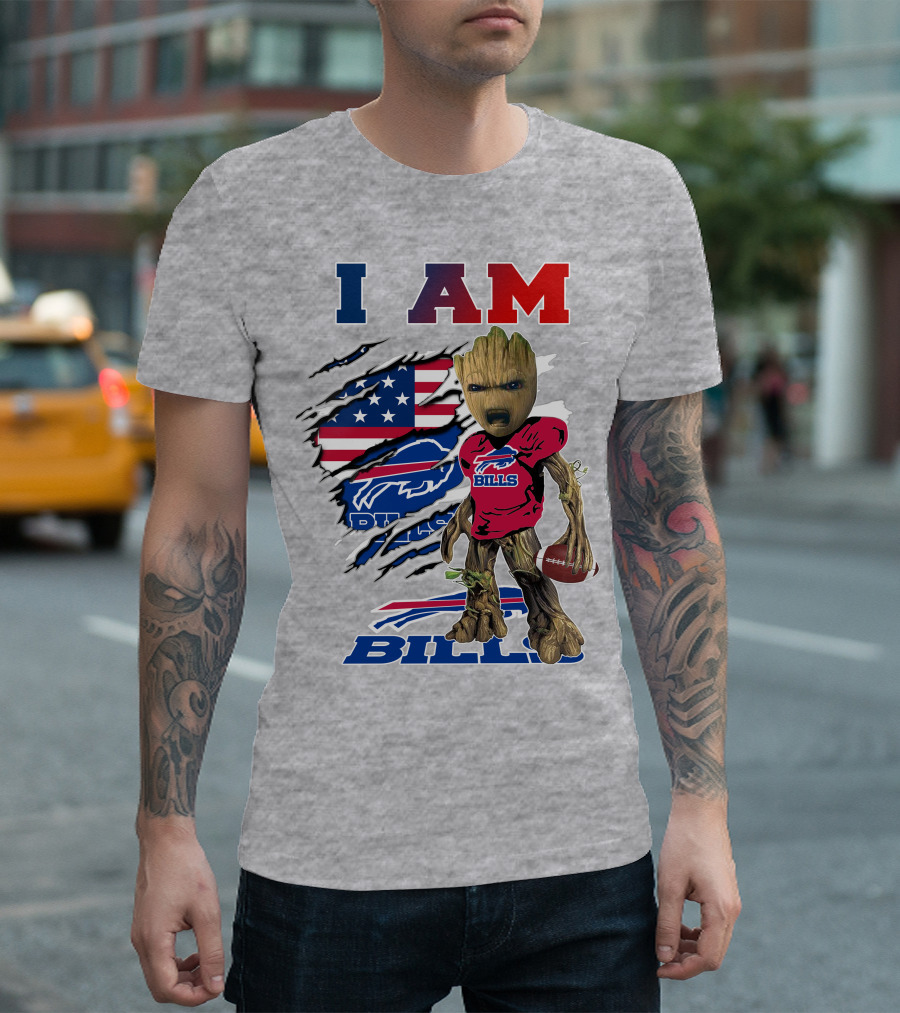 I Am Bills Baby Groot Football Fan With American Flag And Team T-Shirt