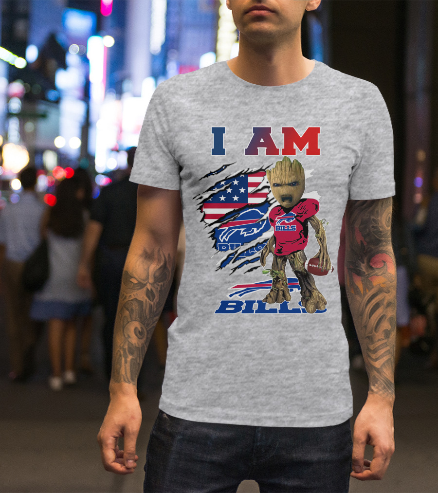 I Am Bills Baby Groot Football Fan With American Flag And Team T-Shirt