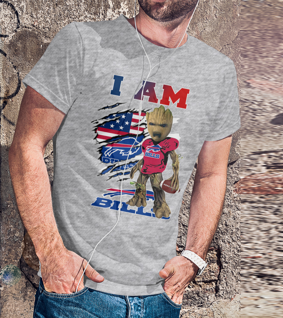 I Am Bills Baby Groot Football Fan With American Flag And Team T-Shirt