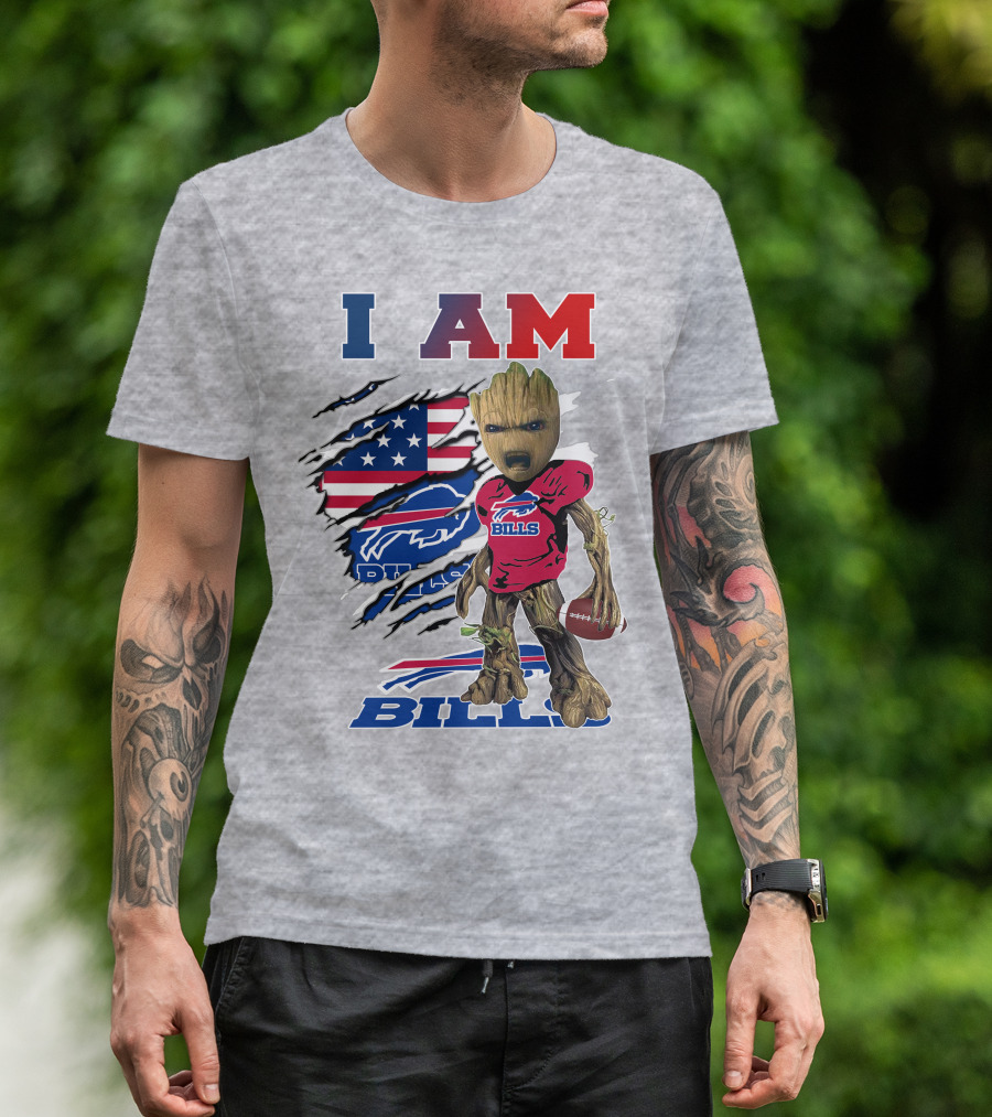 I Am Bills Baby Groot Football Fan With American Flag And Team T-Shirt