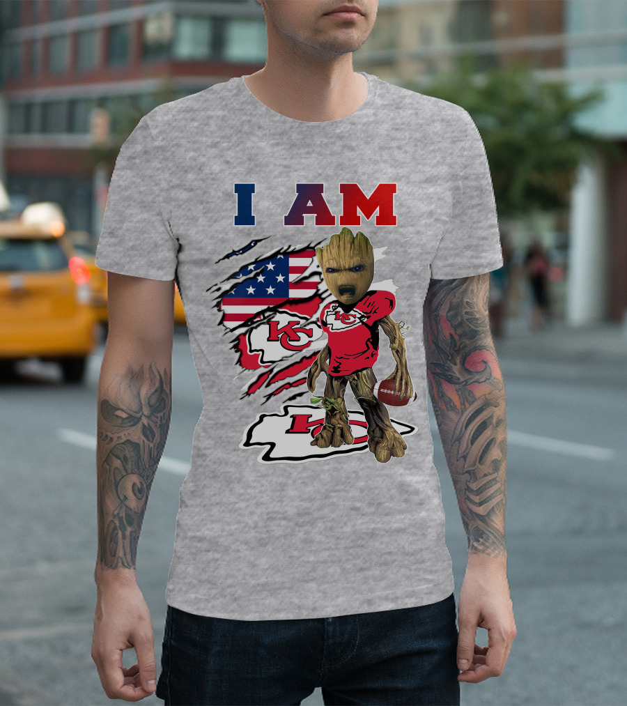 I Am Kc Chiefs Baby Groot Football Usa Flag T-Shirt