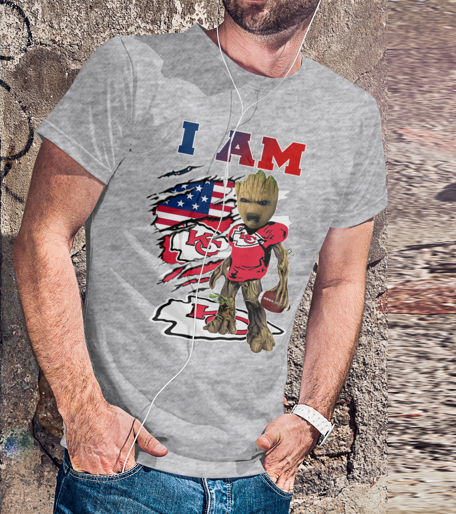 I Am Kc Chiefs Baby Groot Football Usa Flag T-Shirt