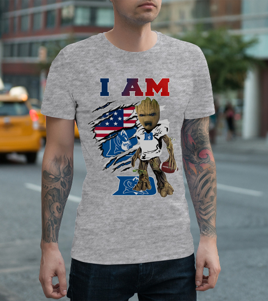 I AM Duke Baby Groot with American Football and Flag Background T-Shirt