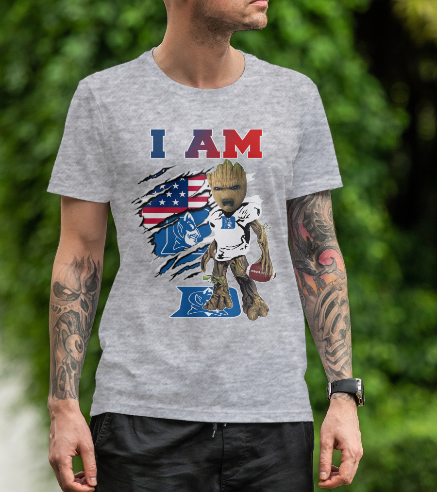 I AM Duke Baby Groot With American Football And Flag Background T-Shirt