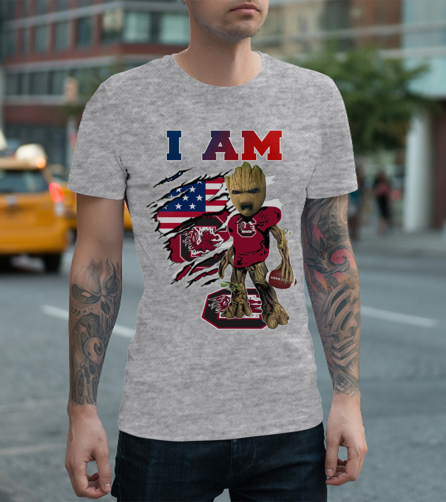 I Am Gamecocks Baby Groot Football American Flag T-Shirt