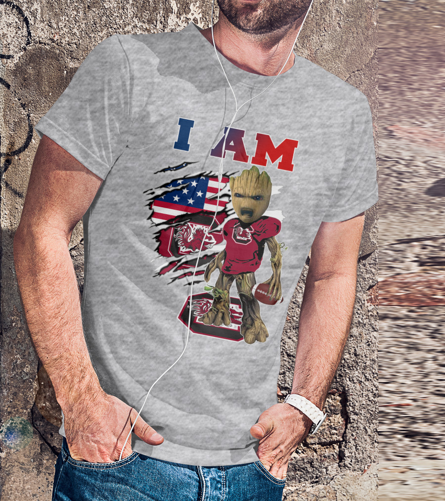 I Am Gamecocks Baby Groot Football American Flag T-Shirt