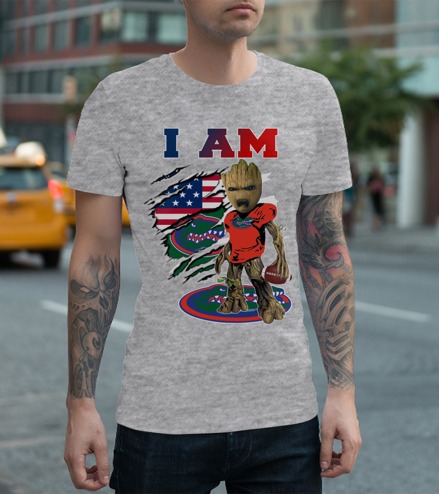 I Am Gators Baby Groot Football American Flag T-Shirt