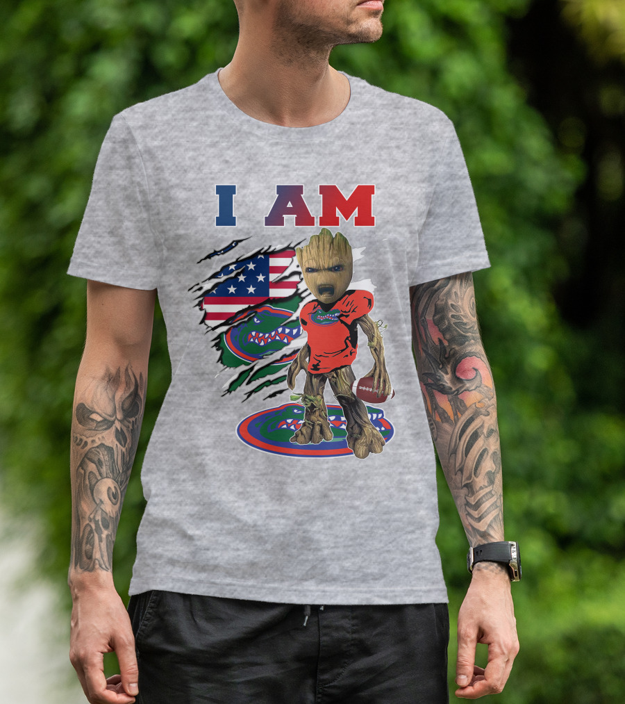 I Am Gators Baby Groot Football American Flag T-Shirt