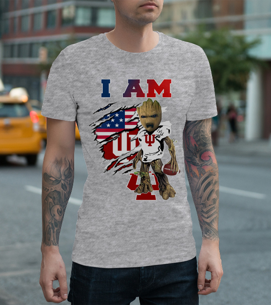I AM Indiana University Hosiers Baby Groot Football USA Flag T-Shirt