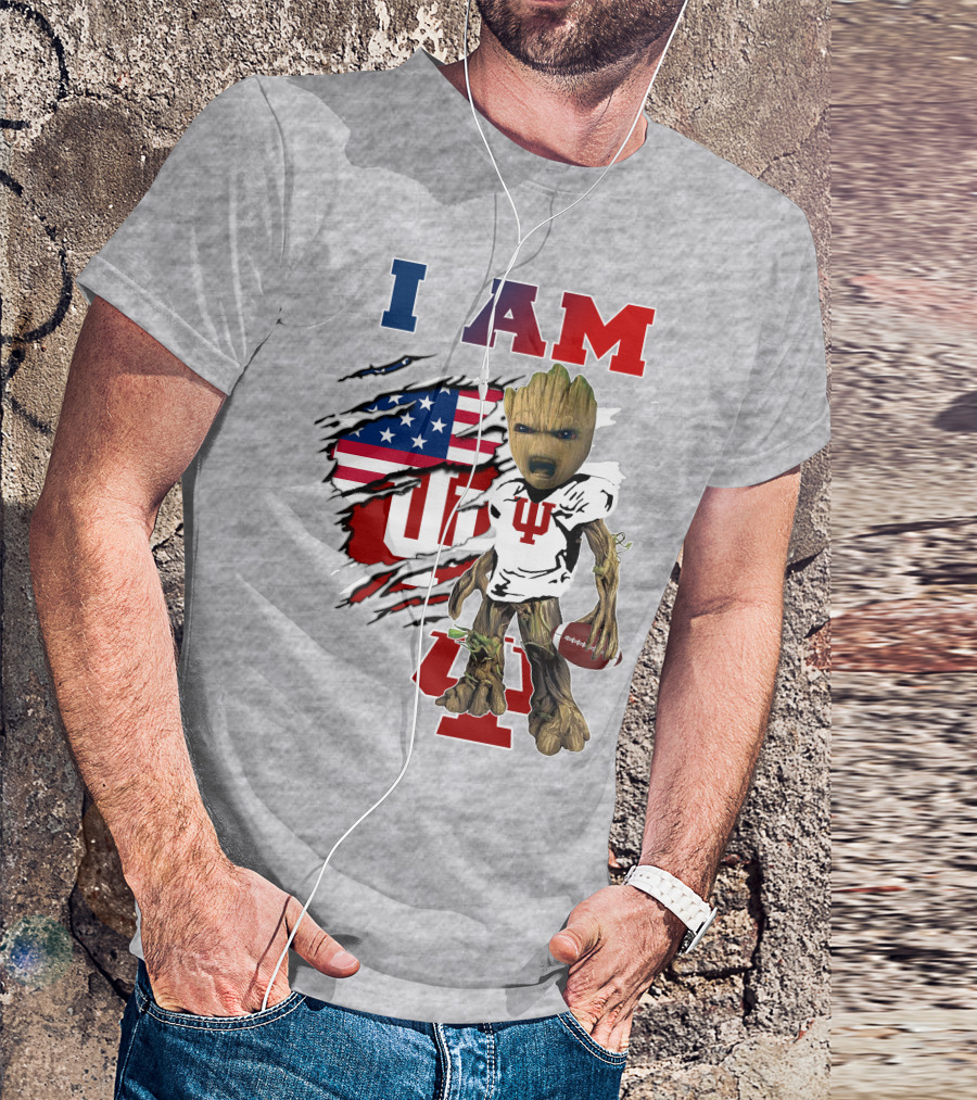 I AM Indiana University Hosiers Baby Groot Football USA Flag T-Shirt