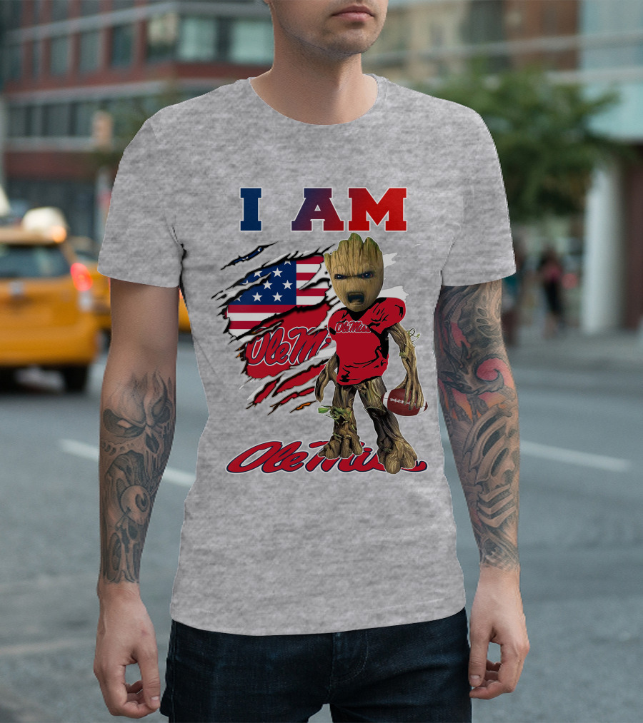 I Am Ole Miss Baby Groot Usa Flag Football T-Shirt