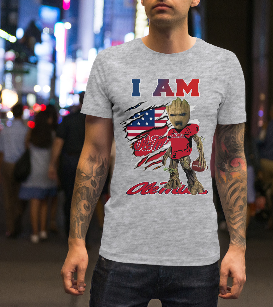 I Am Ole Miss Baby Groot Usa Flag Football T-Shirt