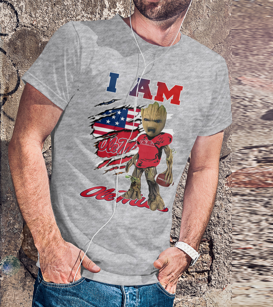 I Am Ole Miss Baby Groot Usa Flag Football T-Shirt