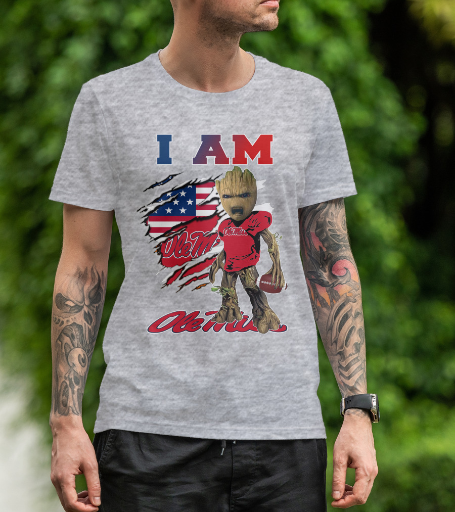 I Am Ole Miss Baby Groot Usa Flag Football T-Shirt