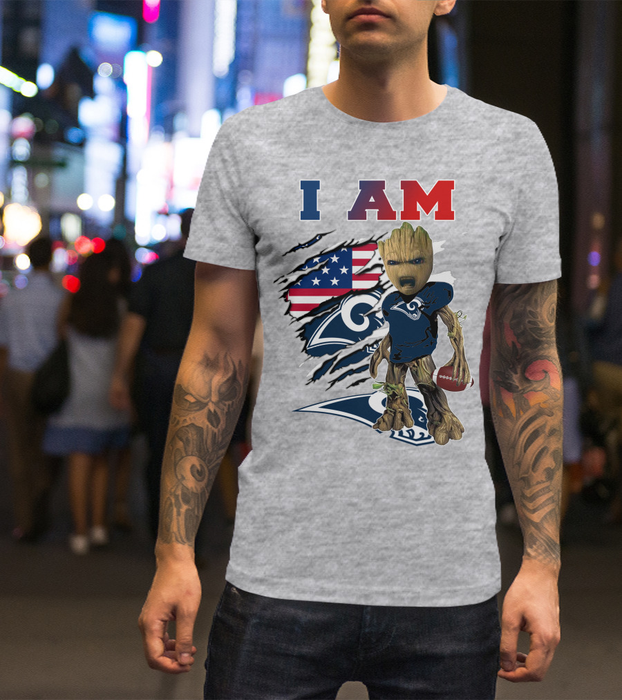 I AM Rams Baby Groot Football American Flag T-Shirt