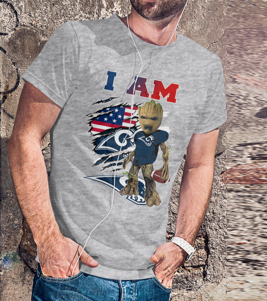 I AM Rams Baby Groot Football American Flag T-Shirt
