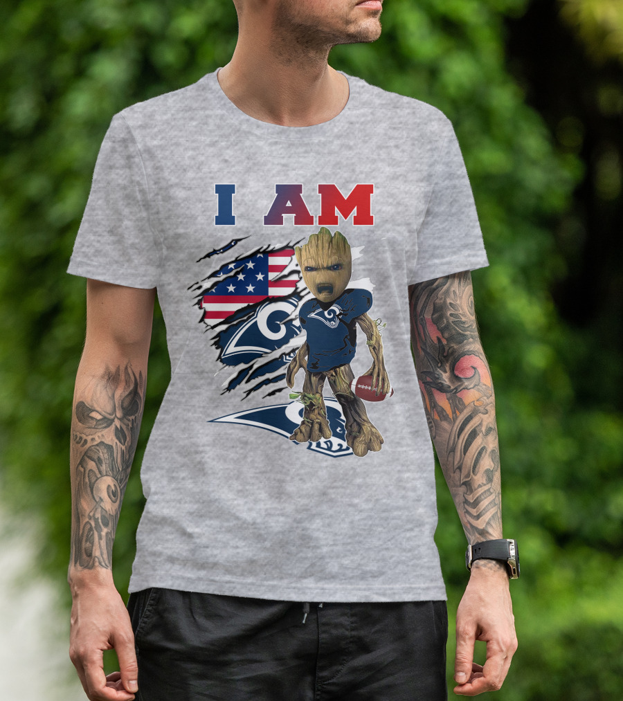 I AM Rams Baby Groot Football American Flag T-Shirt