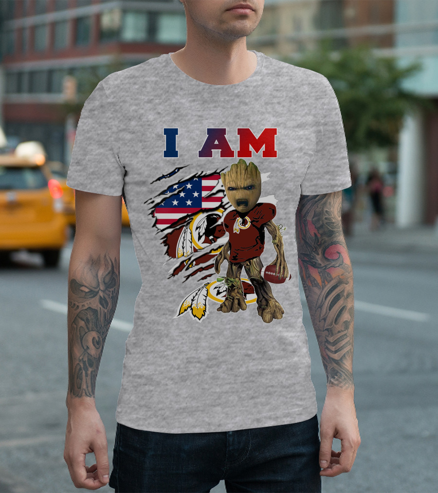 I AM Redskin Baby Groot Football USA Flag T-Shirt