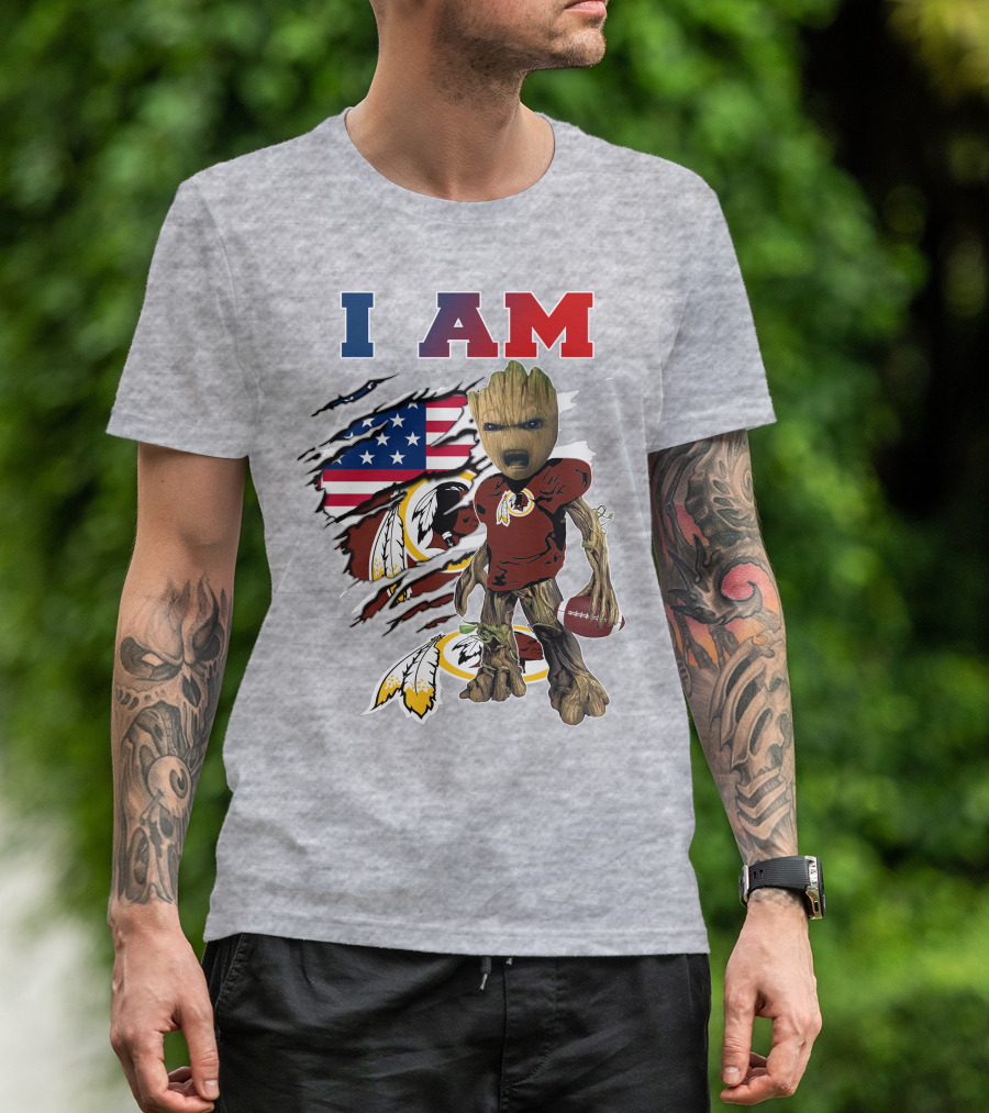 I AM Redskin Baby Groot Football USA Flag T-Shirt