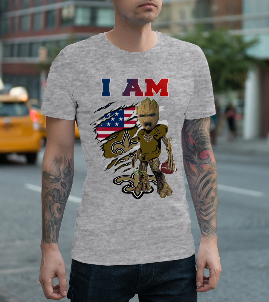 I Am Saints Baby Groot Nfl Football Fleur-De-Lis Usa Flag T-Shirt